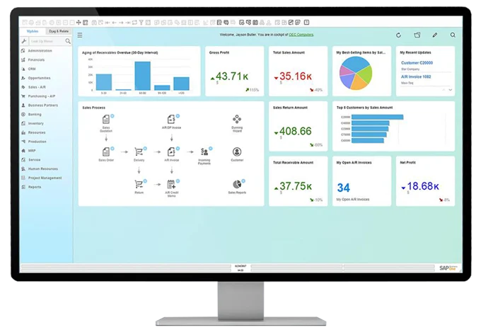 Monitor com exemplo de dashboard do SAP Business One